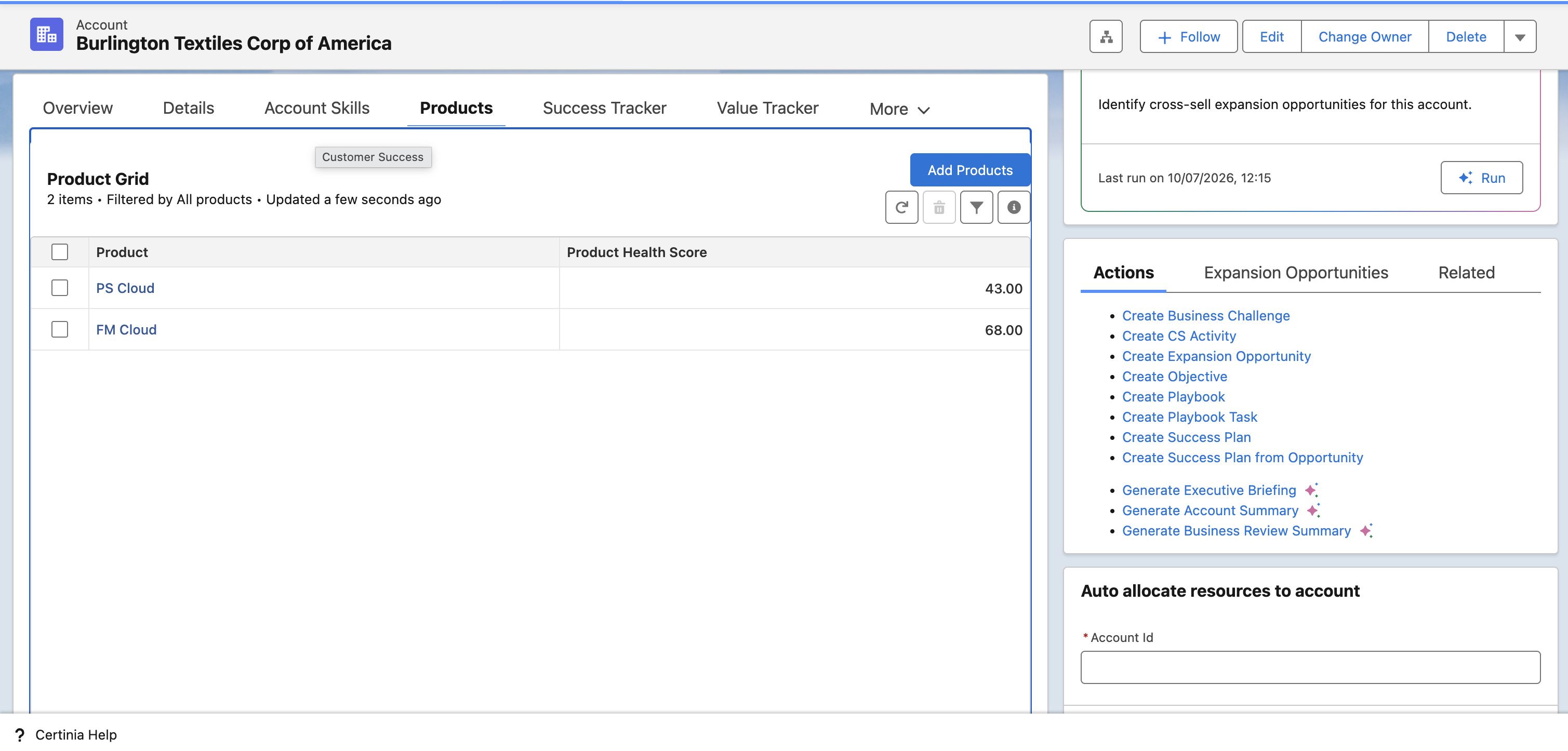 Account displaying Product Healthscore