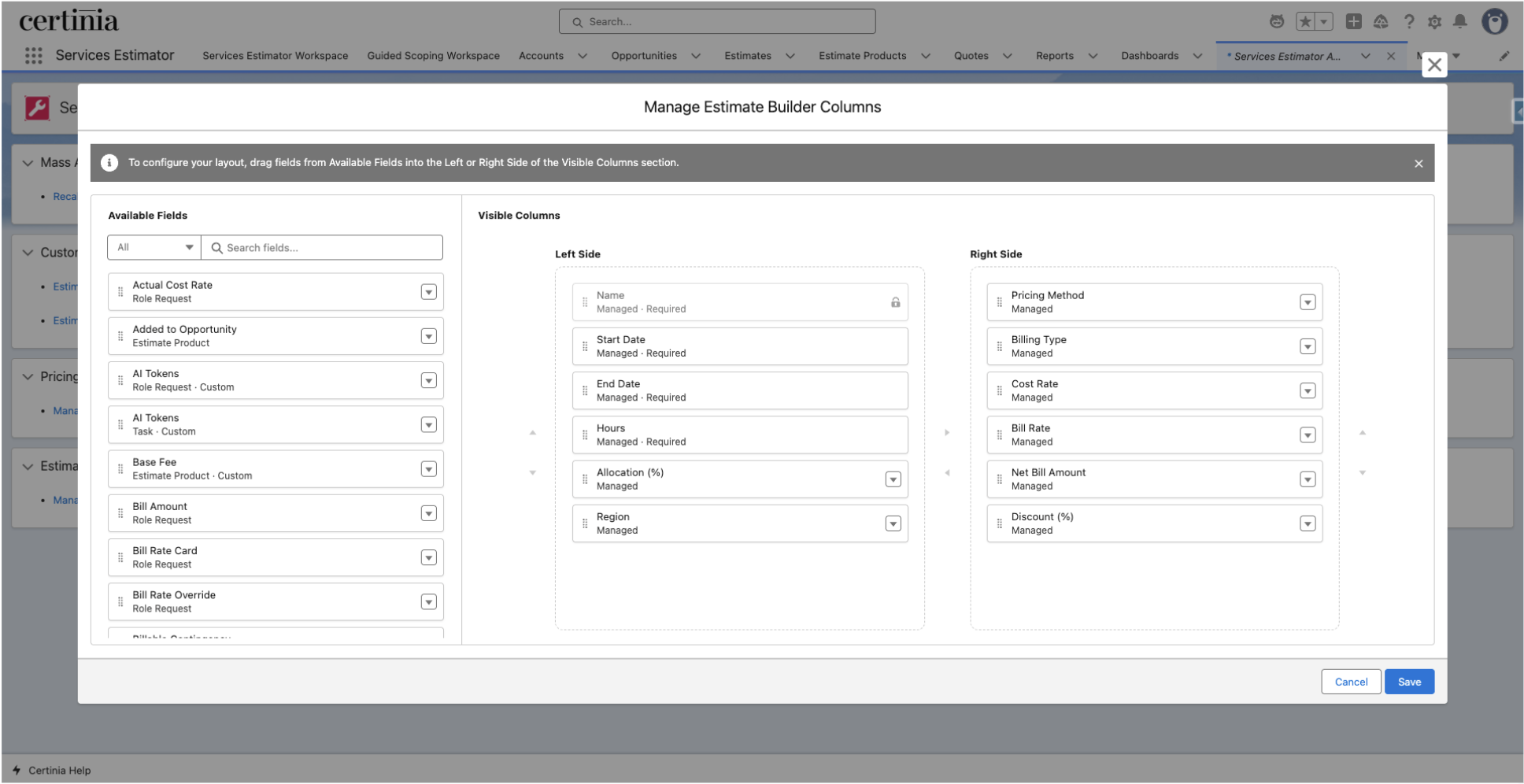 Estimate Builder Column Ordering