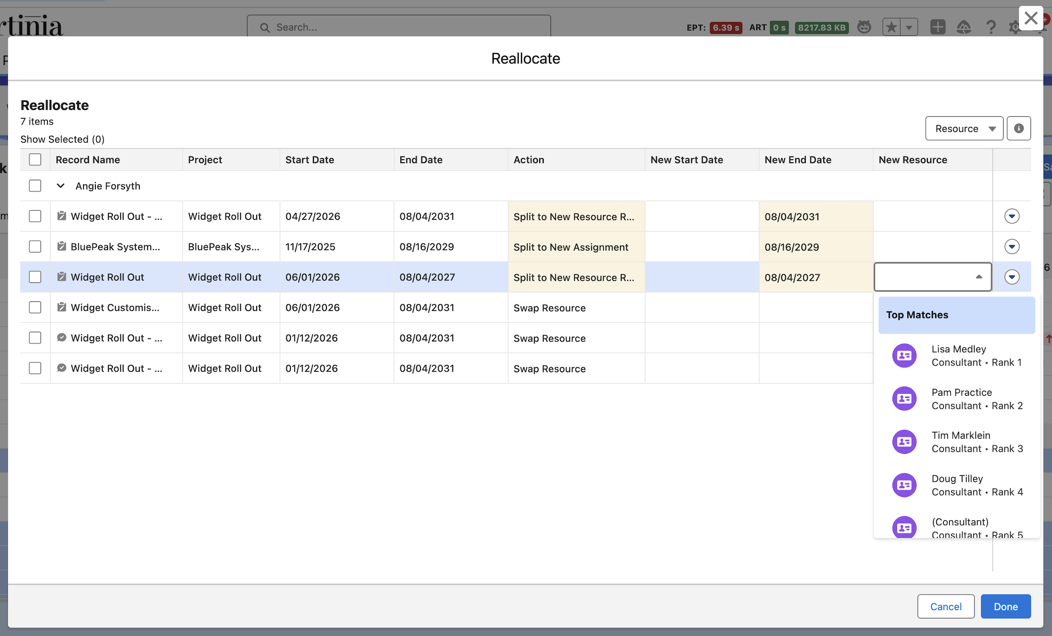 Work Planner: Reallocate - Top Resource Matches