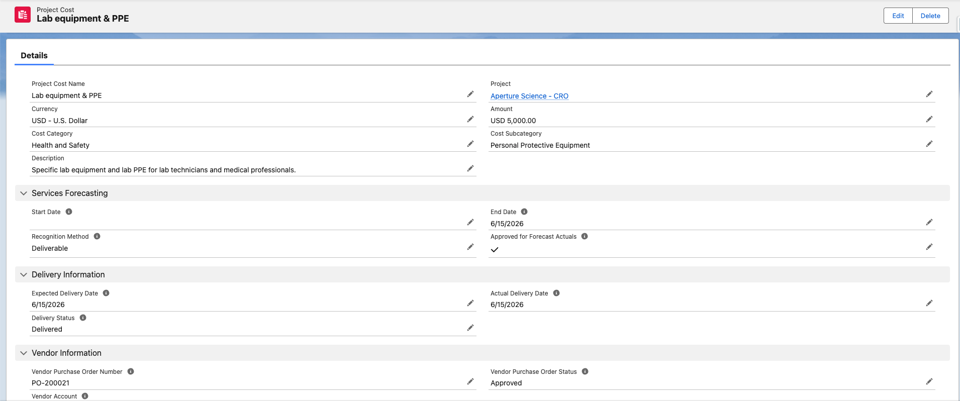 Project Cost Record Page