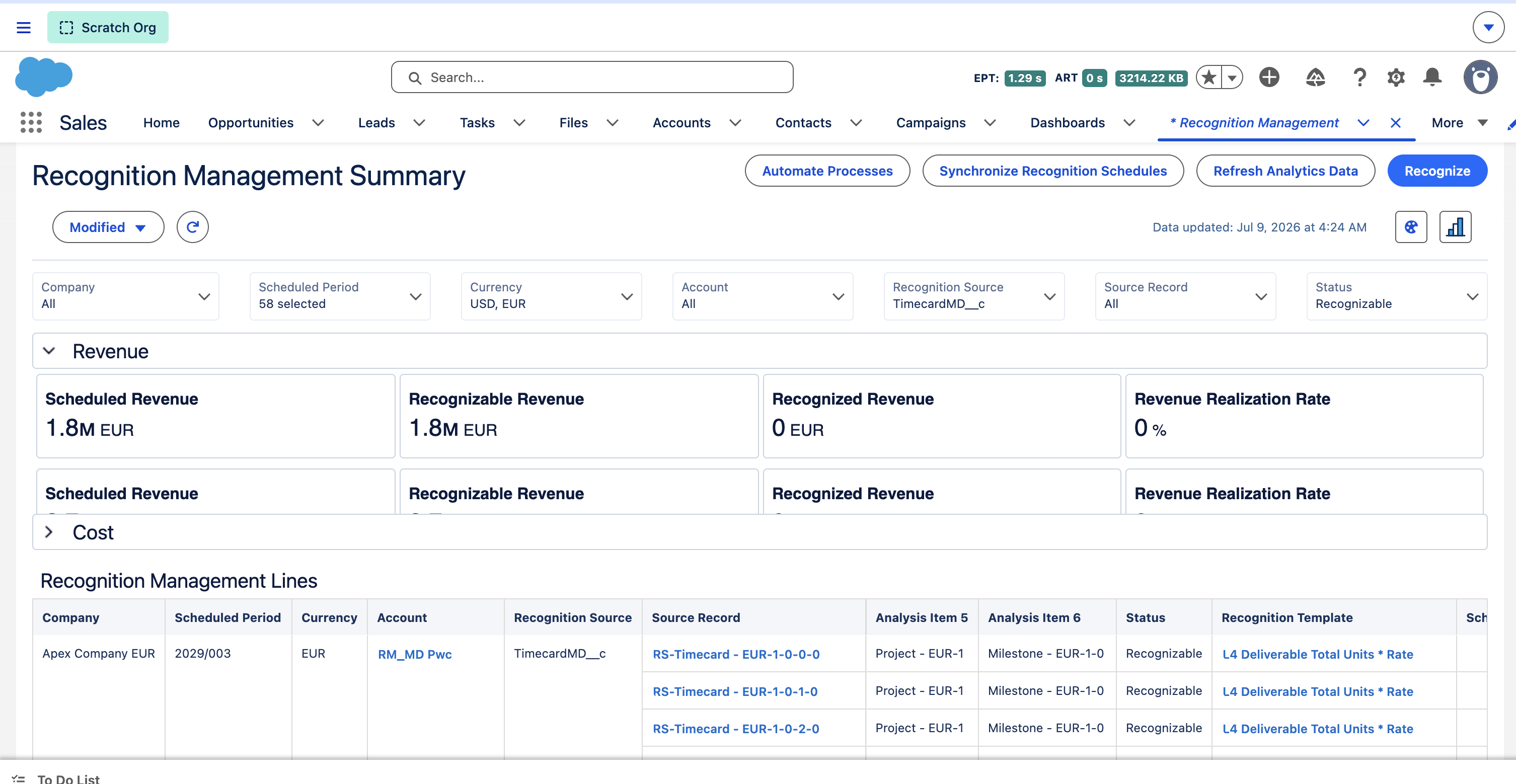 The new Recognition Management UI including Revenue and Cost KPIs