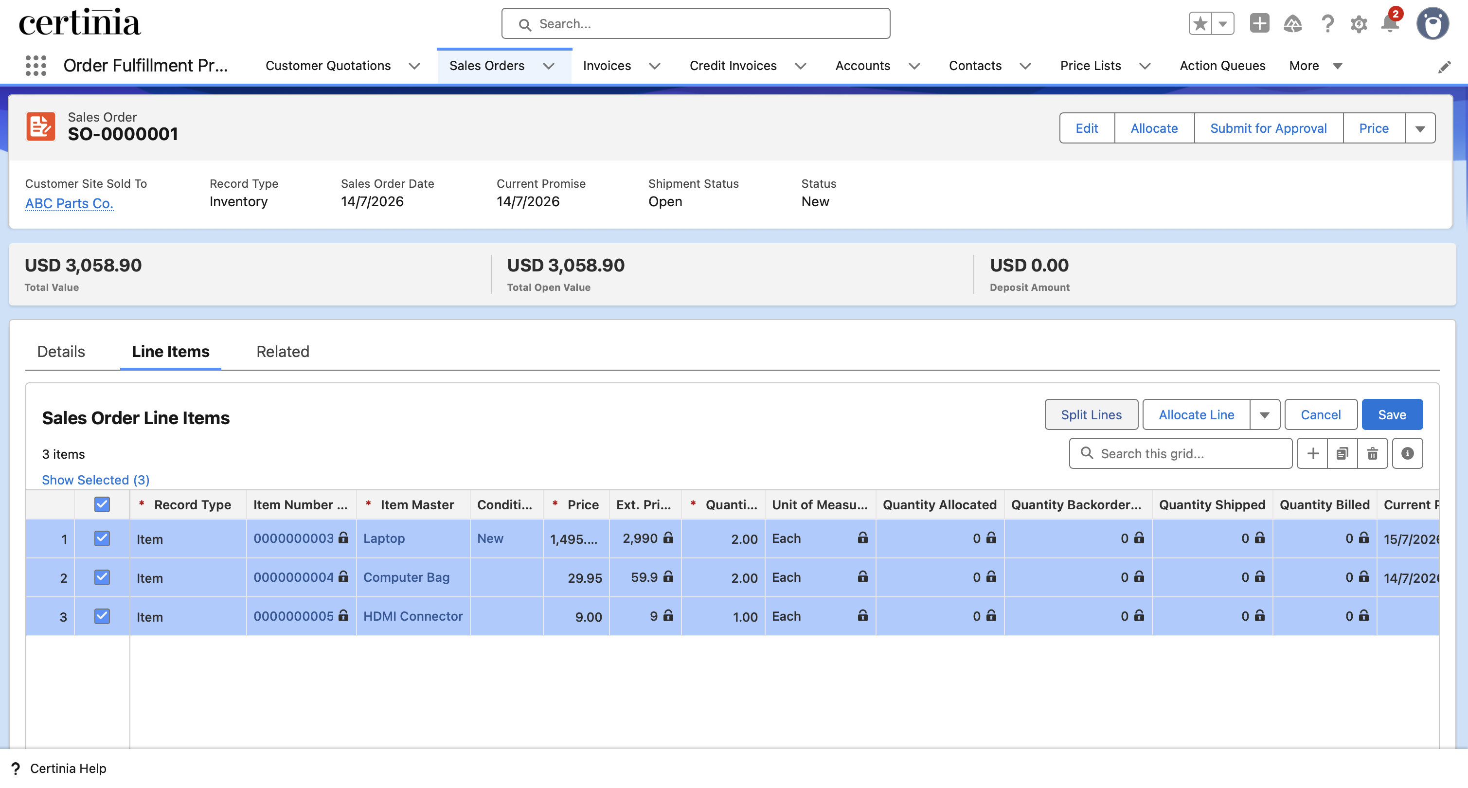 Allocate and Split Actions on the Sales Order Lines Grid in Lightning